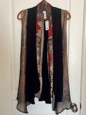 Artsy Boho Chic Sleeveless Black, Brown & Red Floral Draped Kimono Vest Duster